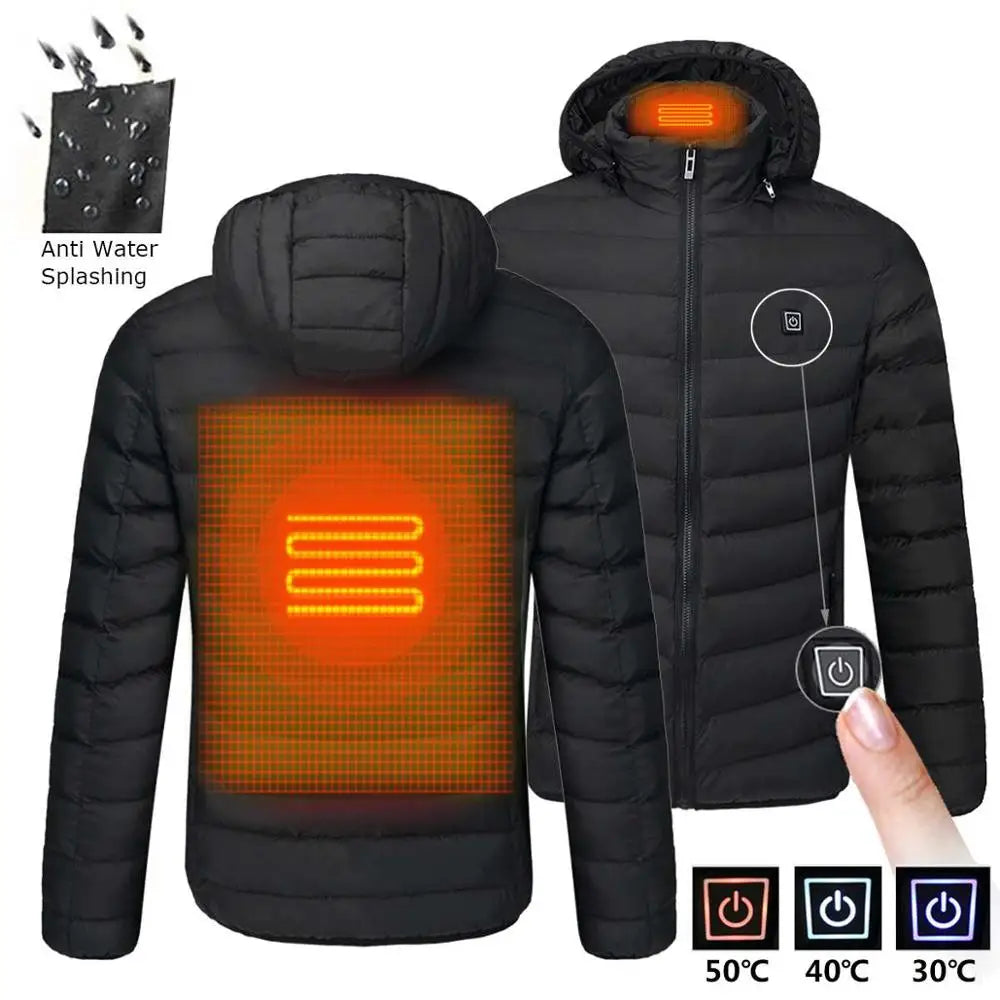 HeatCore 9：Men’s USB Heated Parka Jacket – Hooded Winter Warm Padded Coat, Solid Color (9 Heating Zones)