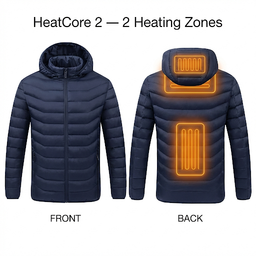 HeatCore 2：Men’s USB Heated Parka Jacket – Hooded Winter Warm Padded Coat, Solid Color (2 Heating Zones)
