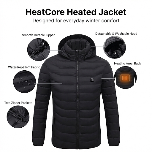 HeatCore 9：Men’s USB Heated Parka Jacket – Hooded Winter Warm Padded Coat, Solid Color (9 Heating Zones)
