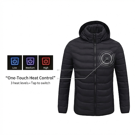 HeatCore 9：Men’s USB Heated Parka Jacket – Hooded Winter Warm Padded Coat, Solid Color (9 Heating Zones)
