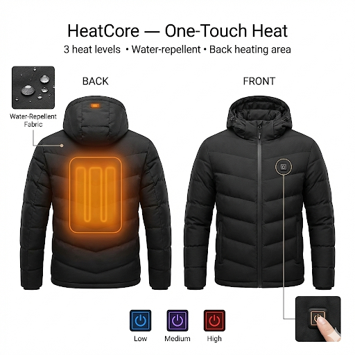 HeatCore 9：Men’s USB Heated Parka Jacket – Hooded Winter Warm Padded Coat, Solid Color (9 Heating Zones)