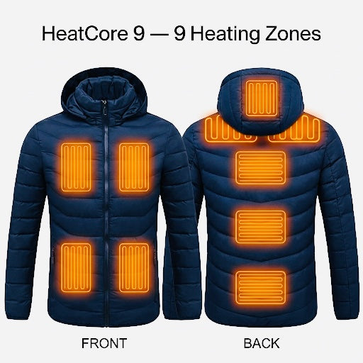 HeatCore 9：Men’s USB Heated Parka Jacket – Hooded Winter Warm Padded Coat, Solid Color (9 Heating Zones)