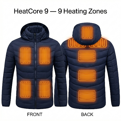 HeatCore 9：Men’s USB Heated Parka Jacket – Hooded Winter Warm Padded Coat, Solid Color (9 Heating Zones)