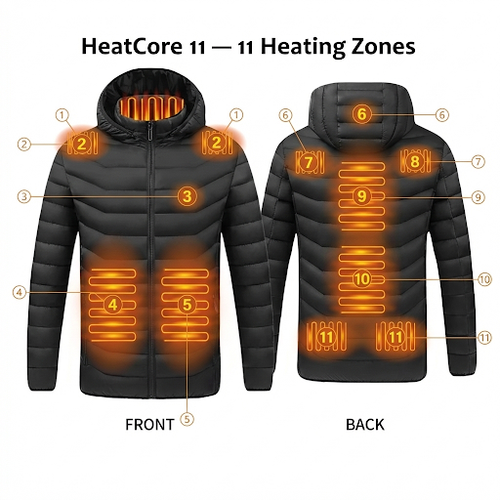 HeatCore 11：Men’s USB Heated Parka Jacket – Hooded Winter Warm Padded Coat, Solid Color (11 Heating Zones)