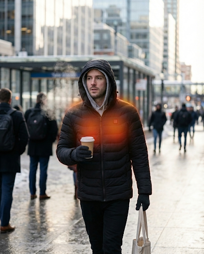 HeatCore 9：Men’s USB Heated Parka Jacket – Hooded Winter Warm Padded Coat, Solid Color (9 Heating Zones)