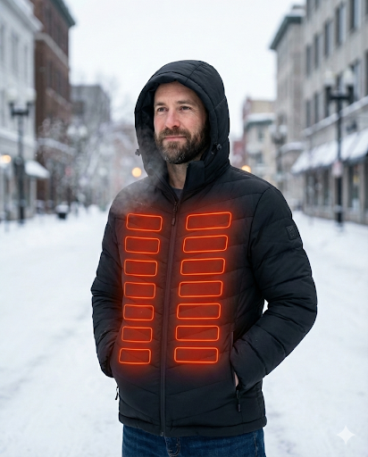 HeatCore 11：Men’s USB Heated Parka Jacket – Hooded Winter Warm Padded Coat, Solid Color (11 Heating Zones)