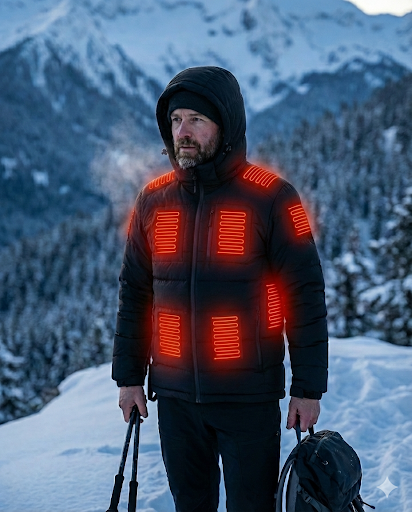 HeatCore 17：Men’s USB Heated Parka Jacket – Hooded Winter Warm Padded Coat, Solid Color (17 Heating Zones)