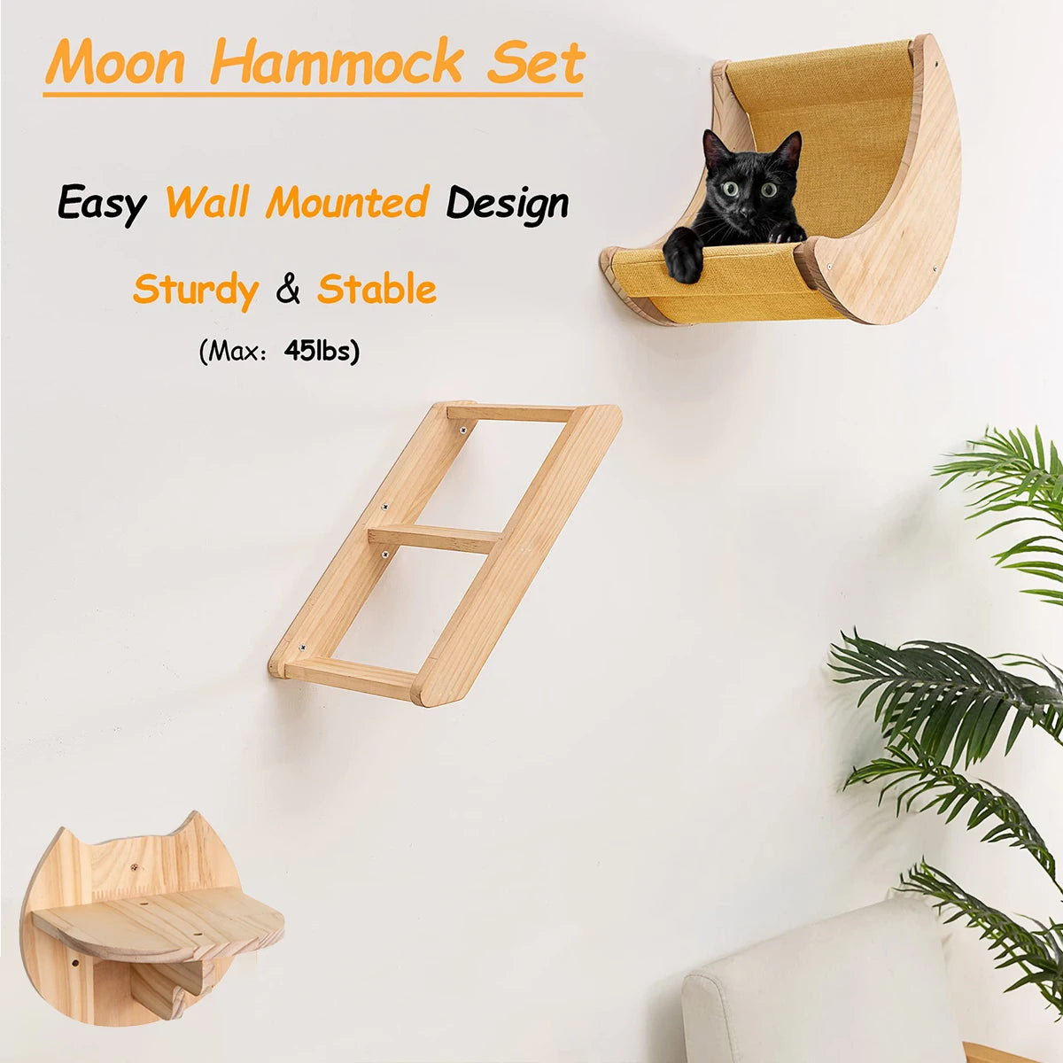 Cat Shelf Wall Hammock Climbing Shelves Moon Shaped And Perches Ladder Solid Wood Steps For Activity Indoor Cats Wall Furniture